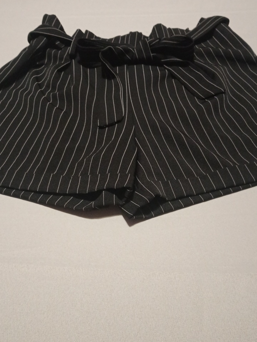 Black Pinstripe Paperbag Waist Shorts with Self-Tie